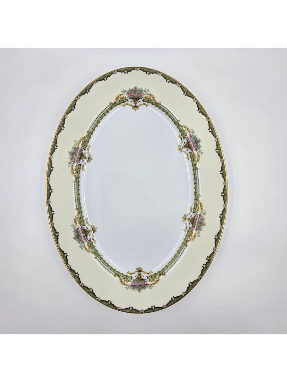 Noritake Penelope 12" Oval Serving Platter Green Border Pink Roses Urn Gold Trim